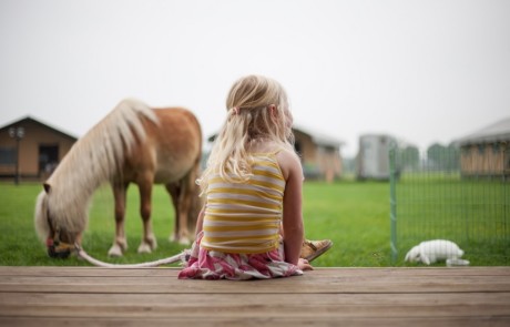 Girl with a horse at safari tents farm glamping